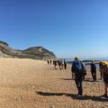 Photograph of students walking along a beach during the Dorset field class.