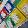 Photograph of a collection of evidence boxes and colourful plastic trays from the Climate Detectives workshop