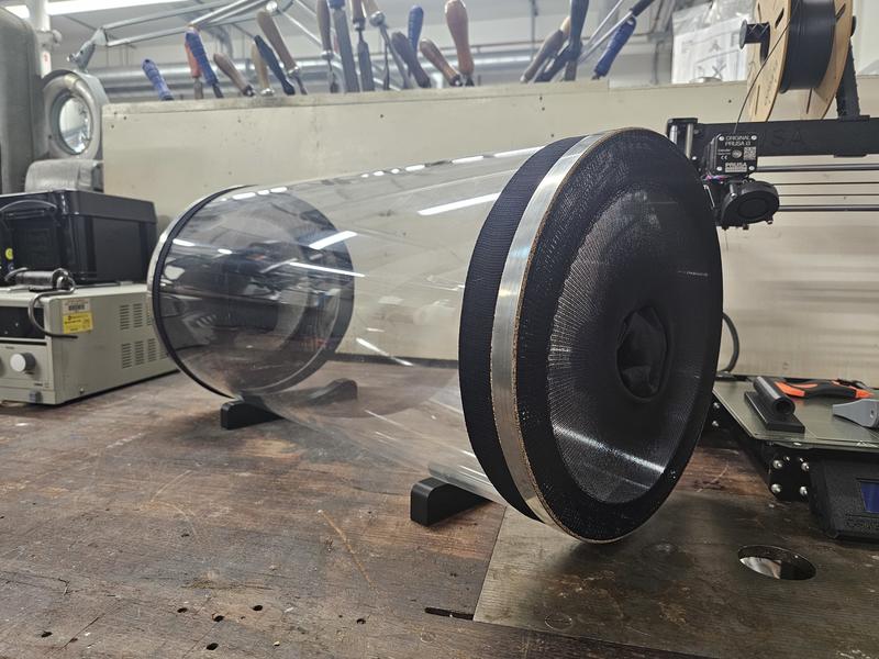 Custom built plastic cage for flies, with mesh coverings at either end